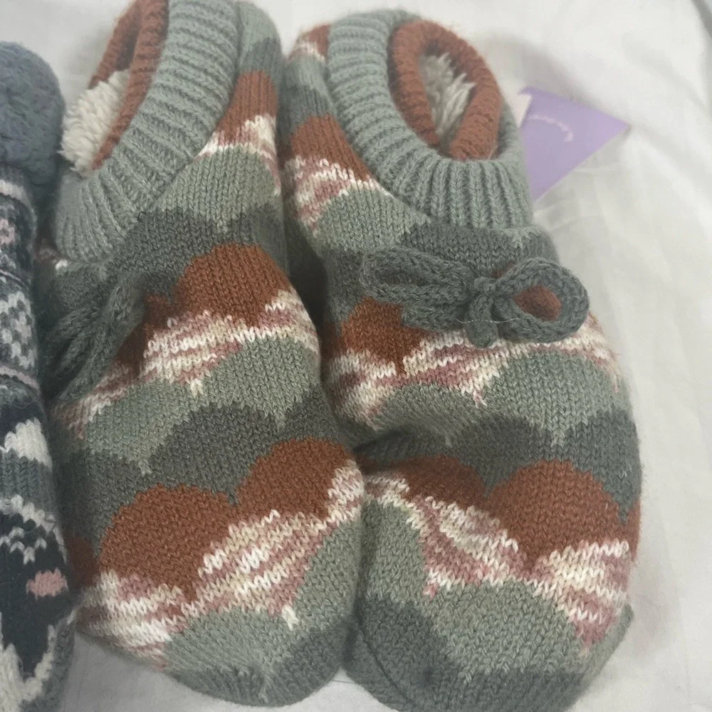 JoySpun Kids Slipper Socks 2-Pack Raccoon Mountain Fair Isle Non-Slip 4-10 NEW